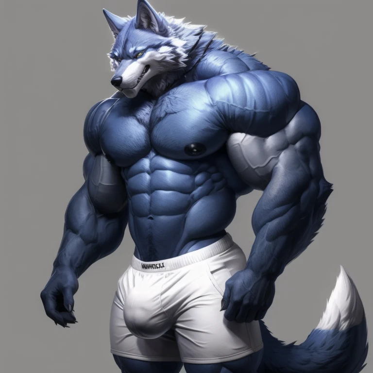 furry growth, exaggeratedly huge Bulge, hyper growth, hyper muscles, wolf, blue wolf, shirtless, white shorts, muscular, on a gray background