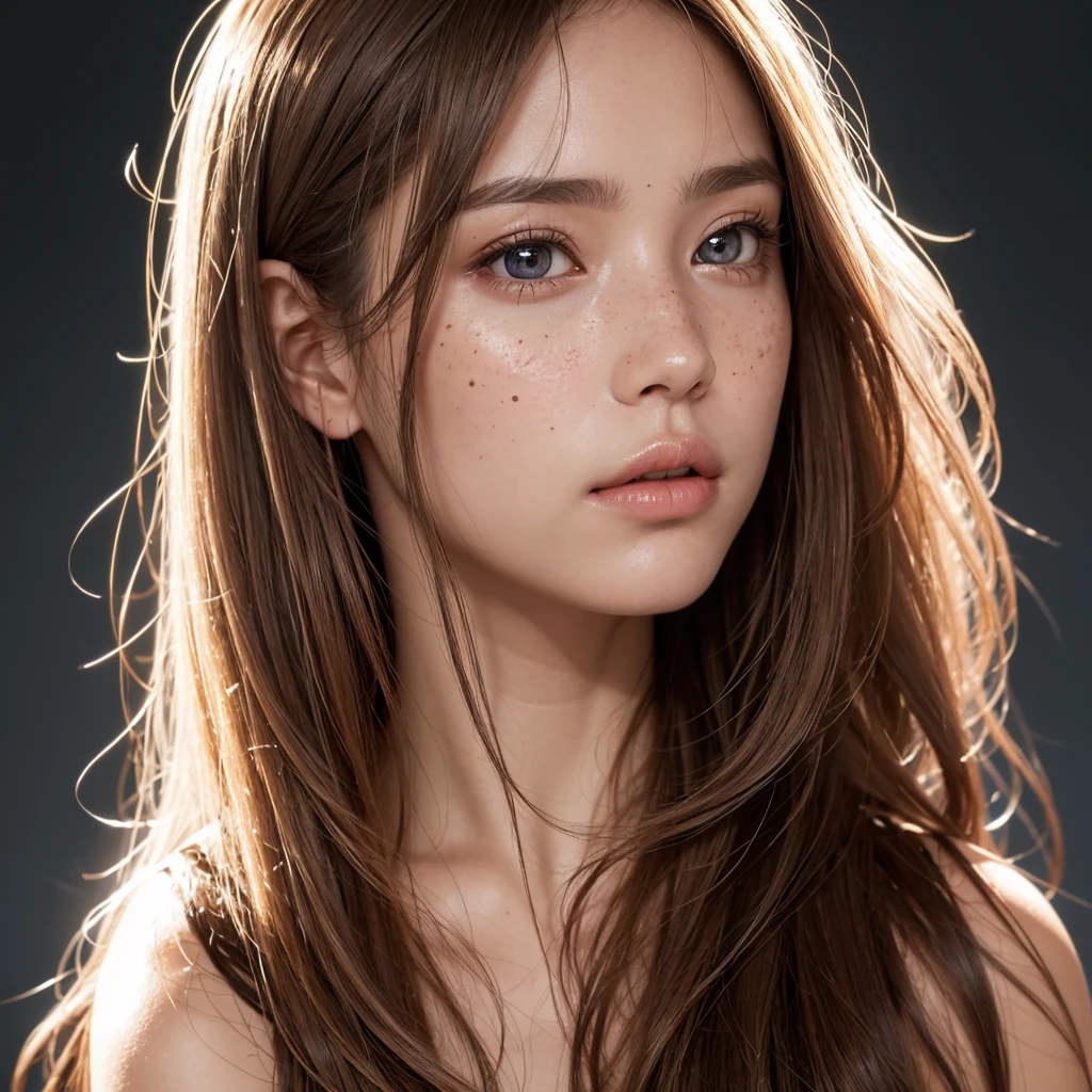 1girl, photorealistic, 8k, ultra-detailed, masterpiece, extremely detailed face, beautiful detailed eyes, beautiful detailed lips, long eyelashes, beautiful Scandinavian girl, perfect features, pretty, posing in profile, looking into distance, pouting, detailed skin texture, freckles, lost clothes, arms and hands covering modesty, very long messy brown hair, brown eyes, bounced light attenuation, black background, perfect illumination on skin
