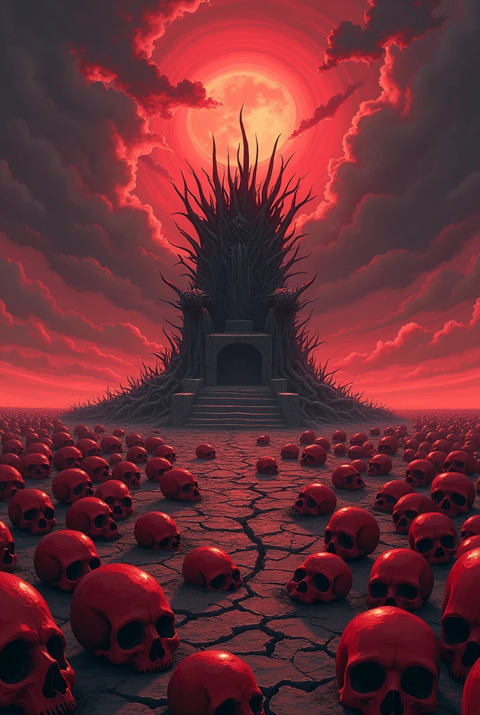 A very big land with thousands of red skull on it and a throne made of thorns standing on that land, scary in landscape format anime style