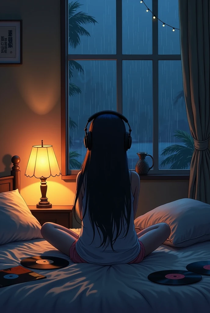 Girl listening to music in a cozy room at night, Using headphones, 2D style anime, Lo-fi, hard disk, dark environment, In the back of the room, a window with glass., Outside, rain is hitting the glass window