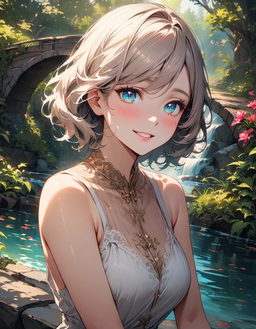 detailed textures, high quality, high resolution, high accuracy, Realism, color correction, correct lighting settings, harmonious composition. (high quality, a high resolution, Small parts), brook, (Small bridge), White dress, One, curvy women, sparkling eyes, (detailed eyes:1.2), smile, blush, Sub, oily skin, soft tones, shallow depth of field -- ar 3:4- Niji 6