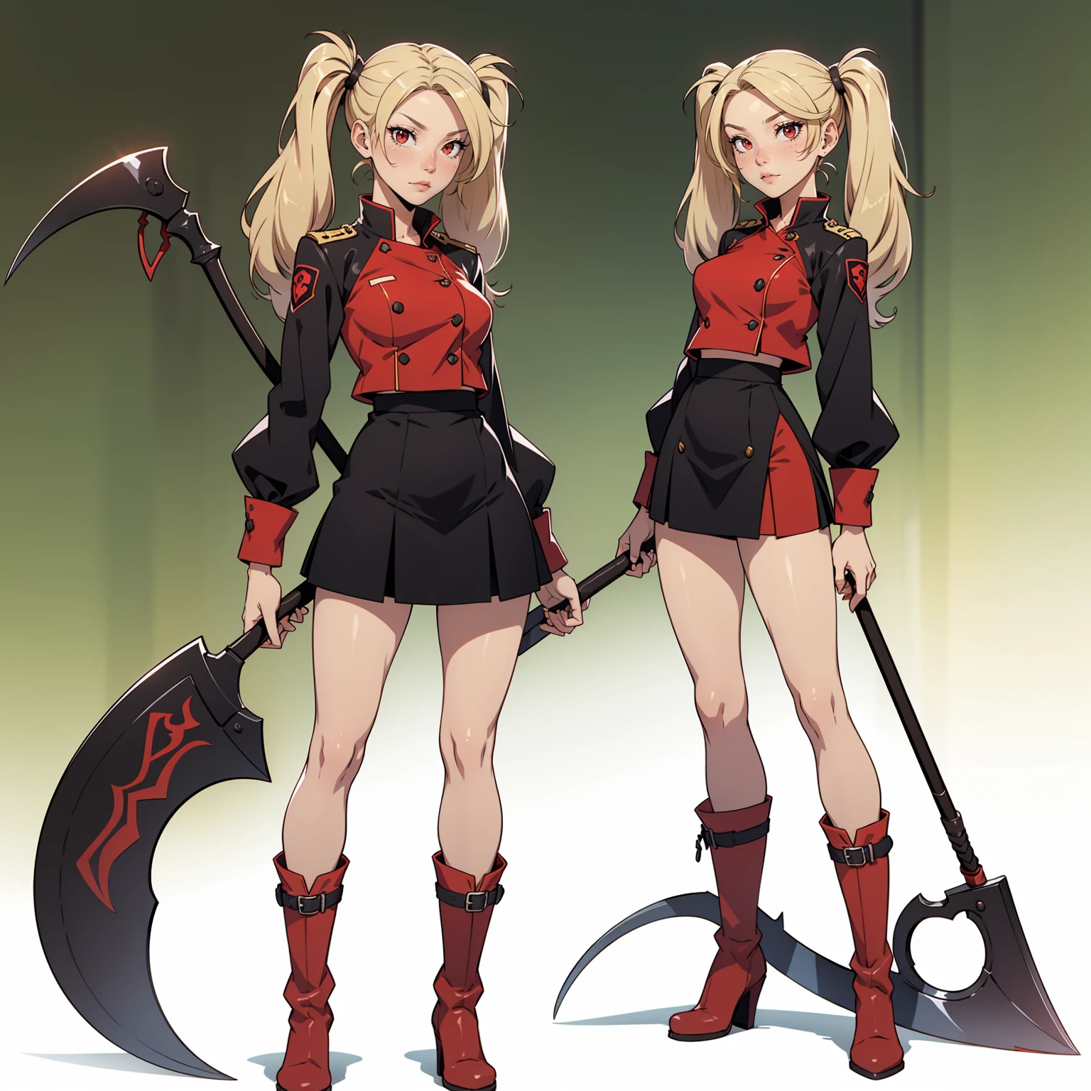 Very detailed, neutral facial expression,  figure, full body view, blonde hair with twintails, red eyes, looking at viewer, black and red uniform, skirt, black boots, holding scythe, sexy pose.