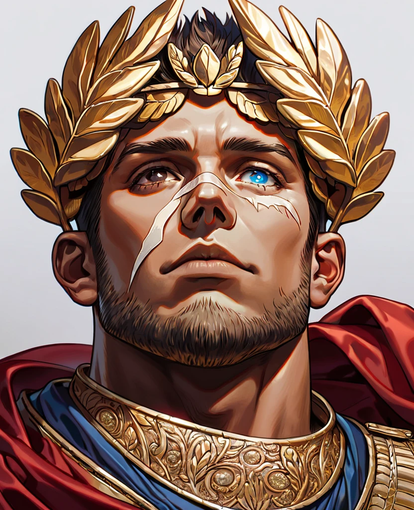 25 year old man, muscular, with a claw scar on the left side of his face, brown left eye, blue right eye, heterocromia, trapezoidal head, Aquiline nose, cleft chin,with short beard, short hair castaño con degradación blanco en las puntas, short hair, dressed as emperor, golden laurel wreath crown, red cape, tanned skin, standing, White background, High resolution,sharp focus,(ultra detailed,extremely detailed), (extremely detailed), (Best Quality)