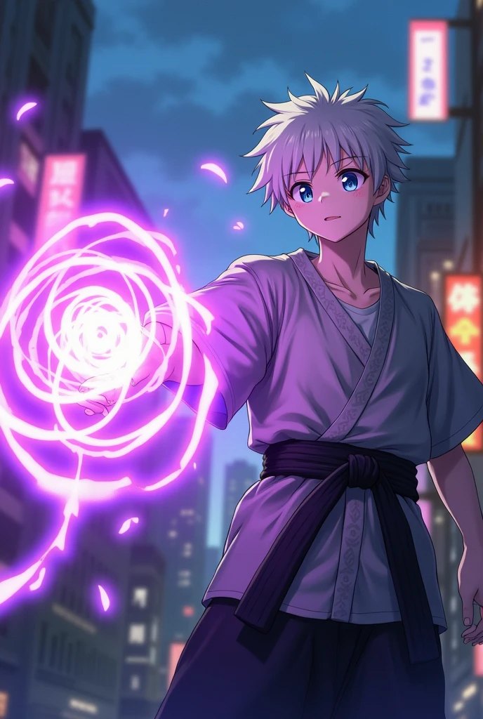 very white skin 200 pound body and white hair blue eyes short hair in white T-shirt black leg karate suit shoot purple hollow from hand anime style