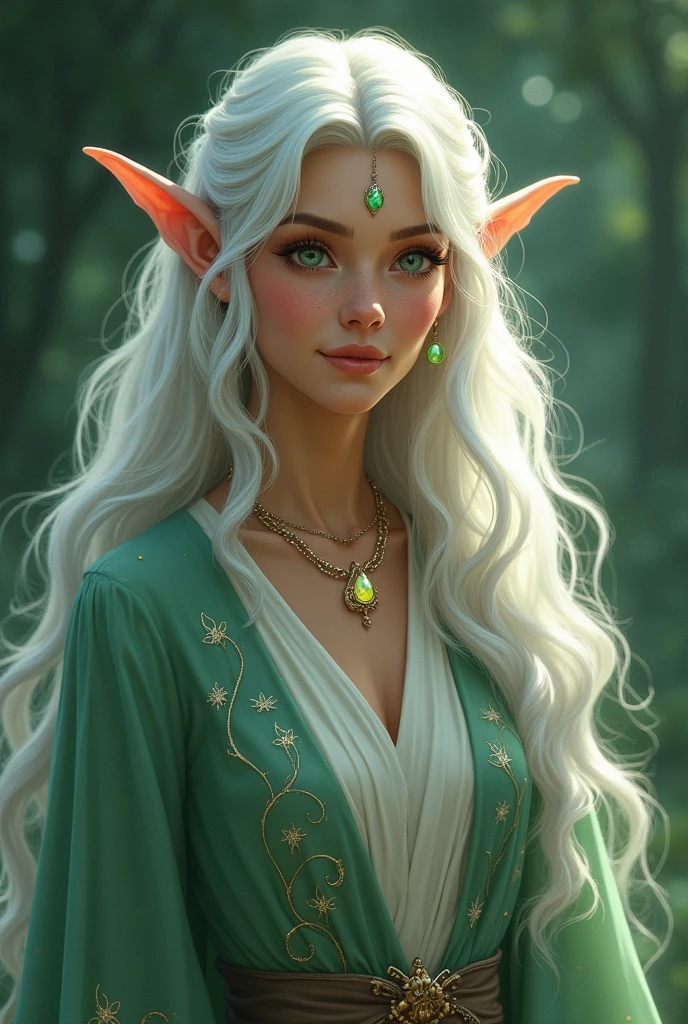 (photorealism:1.2), Create a logo featuring 'Elder Elara,' a gentle, elderly elf with long, shimmering silver hair and a kind smile. She should have an aura of wisdom and serenity, with a soft, magical glow around her. Elara wears elegant, flowing robes in shades of light green and silver, adorned with subtle, nature-inspired patterns like leaves or vines. The logo should convey a sense of warmth, guidance, and inner peace, with a soft color palette that includes pastel greens, silvers, and light blues. Incorporate a subtle symbol, like a small glowing orb or a delicate leaf, to represent the knowledge and magic she brings to the stories."