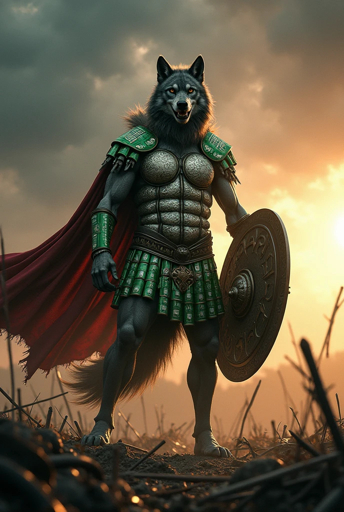(photorealism:1.2), Werewolf,Heineken armor ,Legendary has just defeated the Spartans and claims their Spartan shield, and in the other hand, the cloak of the defeated Spartan leader.