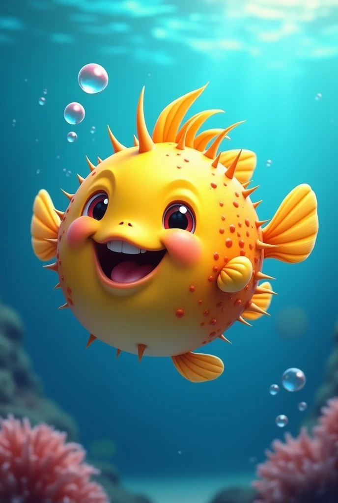 Animated puffer fish with its spines,happy full body and with blue background