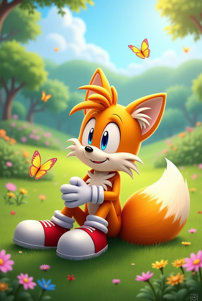 Tails sitting on the ground with his shoes and gloves on and his legs crossed