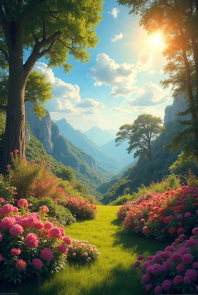 (photorealism:1.2), no human around, beautiful nature, trees and flowers with sunrise, the best paradise in the world, beautiful flowers and colorful trees, the light is brighter, outdoors, real flowers, real colorful trees, soft lighting, trees and flowers in background, bluesky with sunlight, cozy paradise, relaxed pose, realistic, intricate details, warm colors, by Greg Rutkowski, by Alphonse Mucha