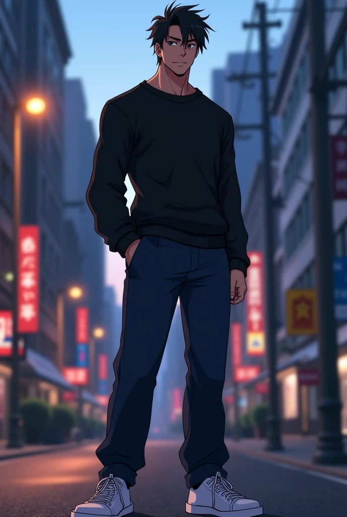 1guy, male, anime, pitch-black piercing eyes, handsome guy, with black sweater and long dark-blue pants, white sneakers, standing
