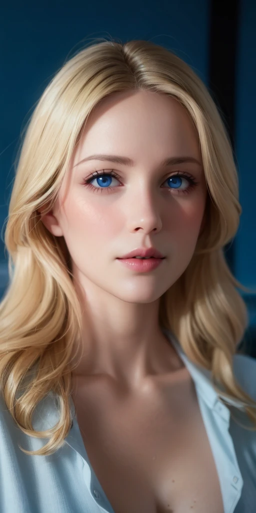 Elegant mature female, milf, blue eyes, blonde hair, bangs, soft light, 4k resolution, high quality, beautiful cg
