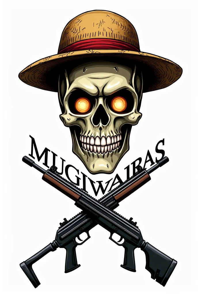 A skull a very scary one with the whole background white
With Luffy's straw hat with a text above written Freefire and below MUGIWARAS with a jaw! And a ump and an awp crossed the skull