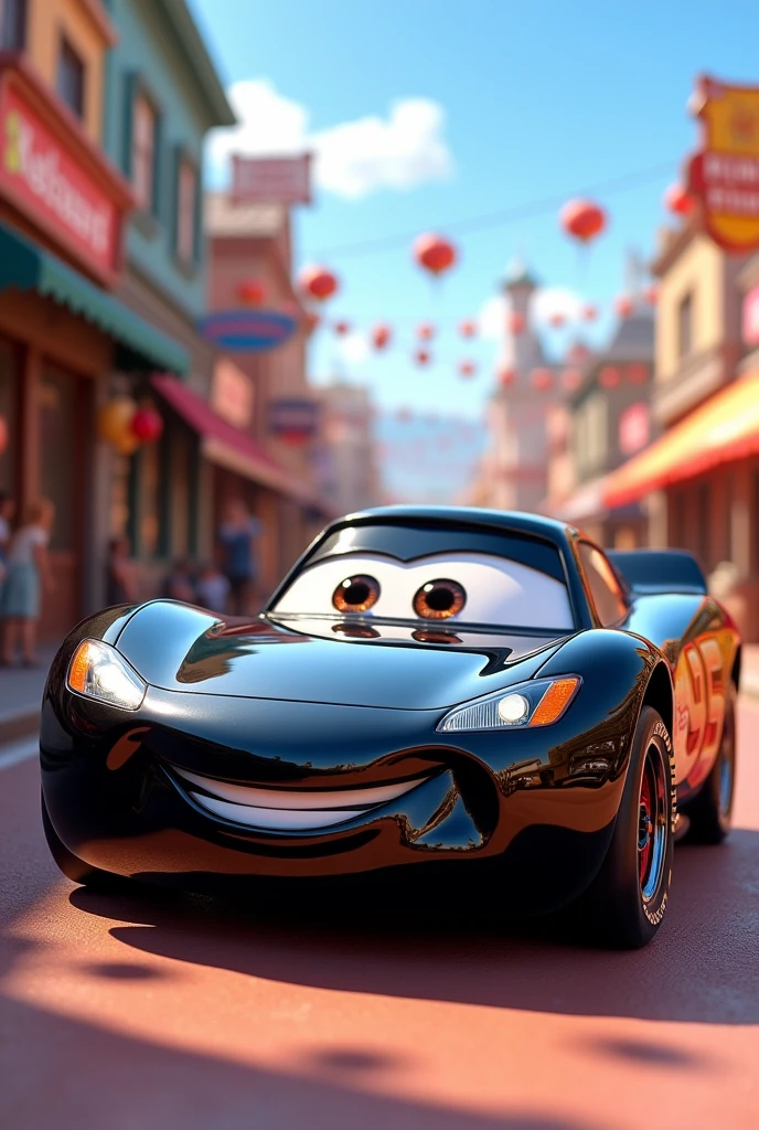 I would like a drawing of a Del Rey car as if it were an animation from the Disney Cars movies.. The car must be black and on its side. more sideways