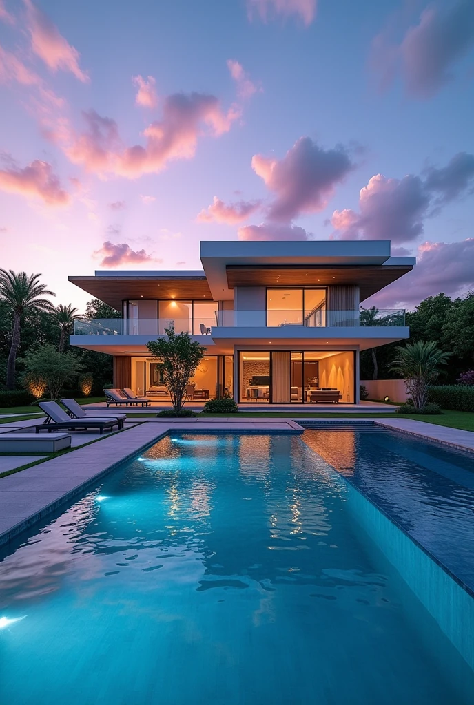 a modern house with a swimming pool, very beautiful, blue skies with few clouds, at dusk, realisitic, sharpening ,Eduardo Campos,Realtor, CRECI 172.894-F