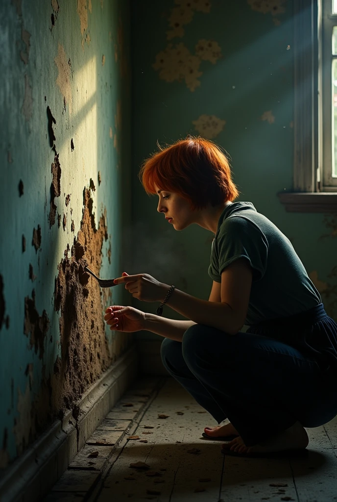 make a crouching woman with slightly short red hair on the back inside an old house removing paint from the wall with the backdrop darker colors and further away
