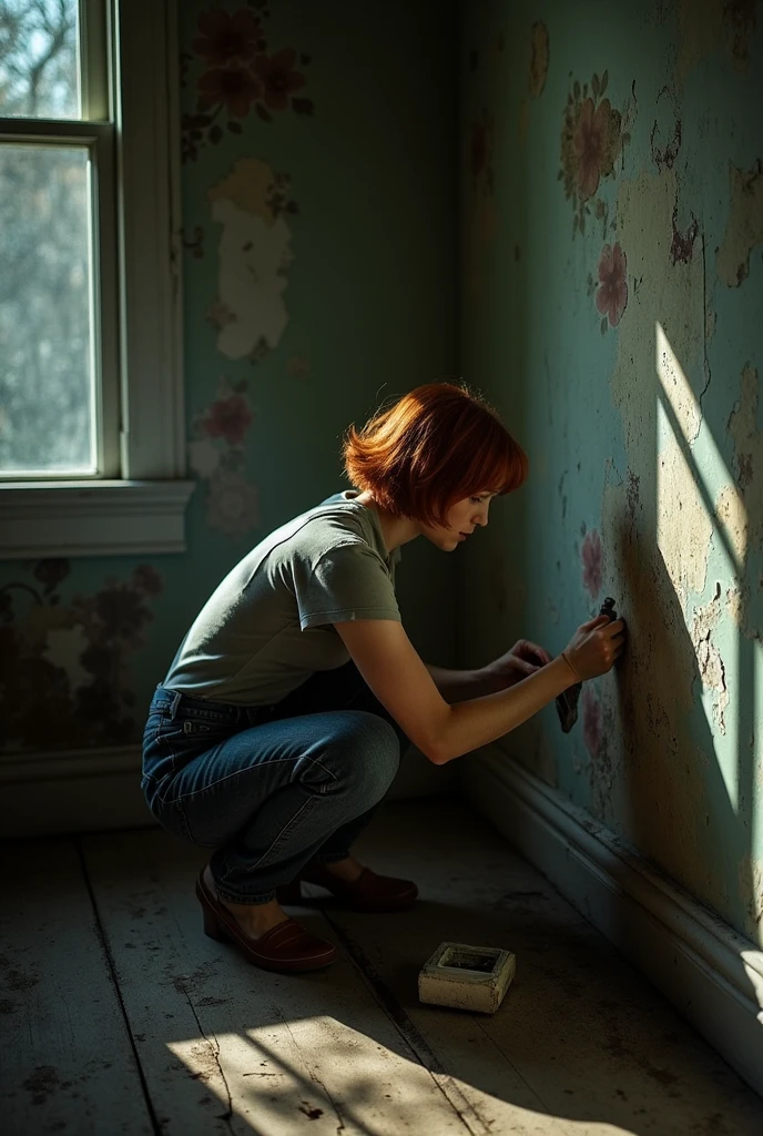 make a crouching woman with slightly short red hair on the back inside an old house removing paint from the wall with the backdrop darker colors and further away