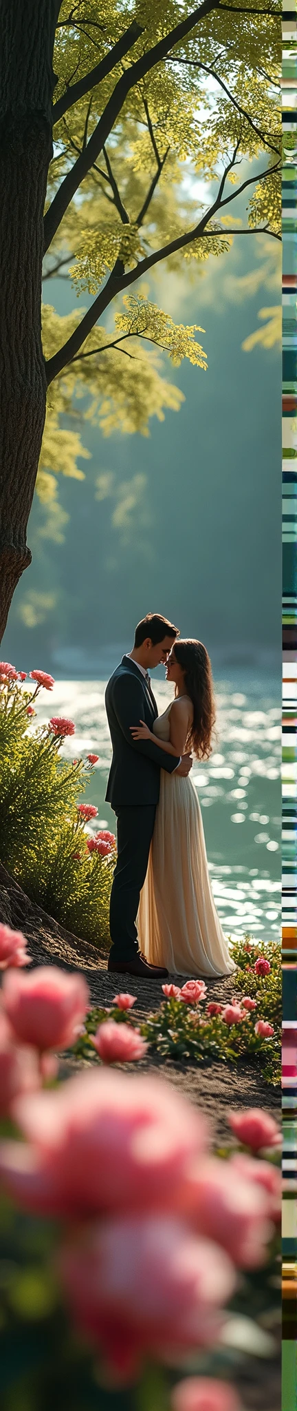 A realistic 3D macro photo image of a couple surrounded with WOODS that are surrounded with fresh and sea waters that are surrounded with flowers and roses.