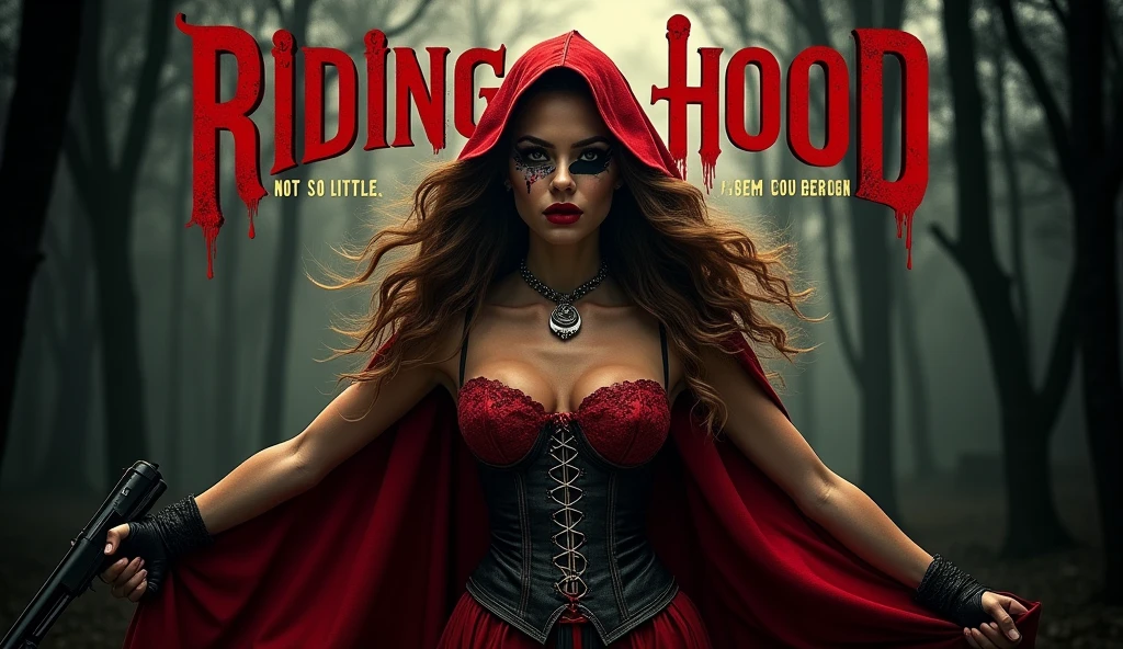 A poster for a movie. the title "Red Riding Hood " is written at the top with "not so little anymore " under this   little red riding hood in a corset, huge breasts,  carrying a pump action shotgun , eye black, wolf tooth necklace.  