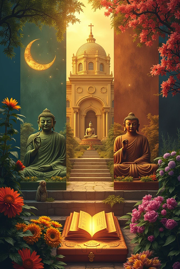 Create an image about the 5 ethical systems: Islam, Buddhism, Christianity, Buddhism y el hinduismo, Make them striking images , it is required that the image has each ethical system separated