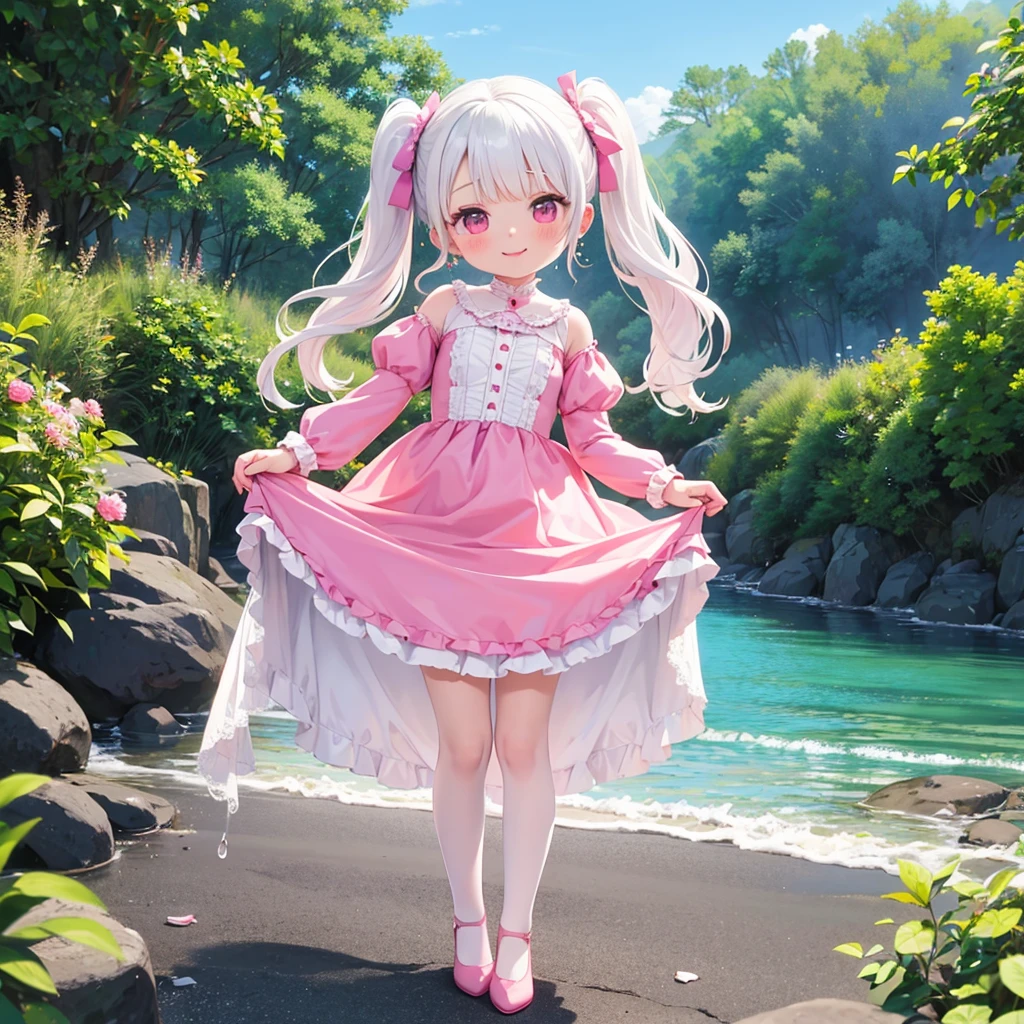 1girl, Solo, white hair, pink eyes, blushing, twin tails, pink hair, vale, long dress, pink dress, bride, victorian dress, earrings, windy, puffy sleeves, water, wet, dress lift, smile, masterpiece, high heels, stockings, Makeup, swimming, windy, stocking, teasing, kiss