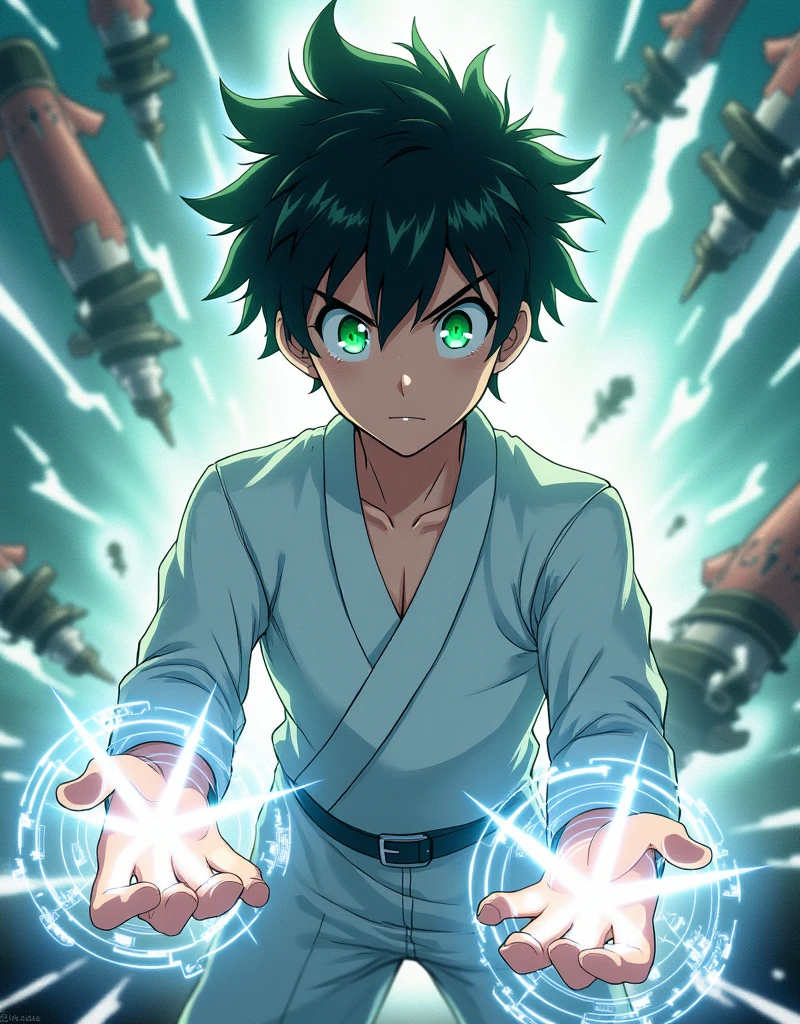 1 boy, , short black messy hair, bright green eyes, stylish Japanese school outfit in white, looking at the camera, Kimetsu no Yaiba anime style art, using white magic, epic battle background