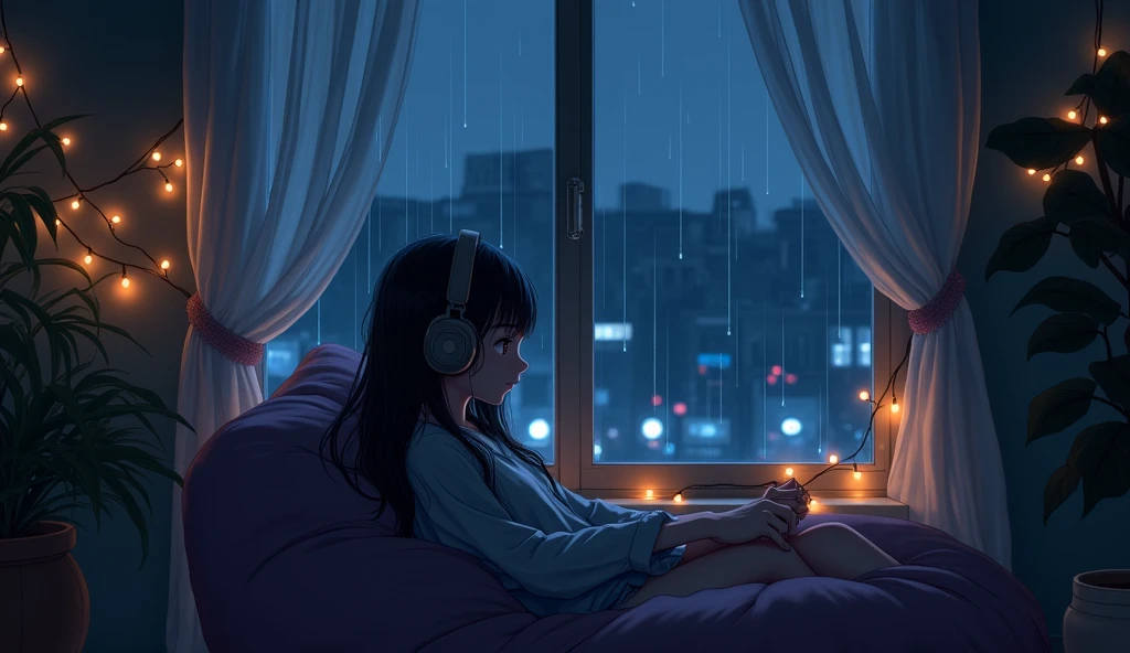 Girl listening to music in a cozy room at night, Using headphones, 2D style anime, Lo-fi, Hard Drive, dark environment, In the back of the room, a window with glass., Outside, rain is hitting the glass window