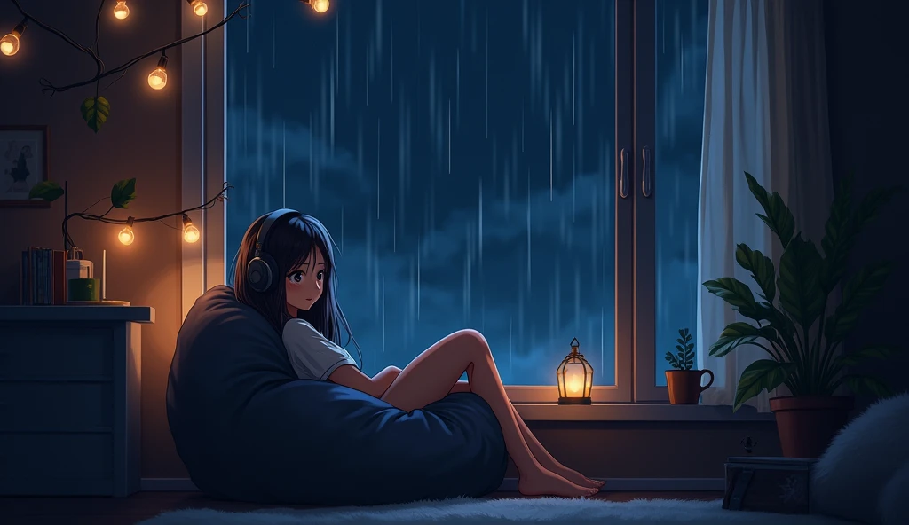 Girl listening to music in a cozy room at night, Using headphones, 2D style anime, Lo-fi, Hard Drive, dark environment, In the back of the room, a window with glass., Outside, rain is hitting the glass window