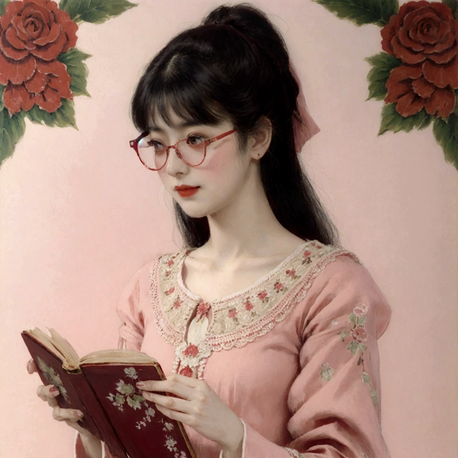 up Pale pink An antique dress with a red strawberry pattern Red glasses Black hair straight Hime cut refer to5Book alone