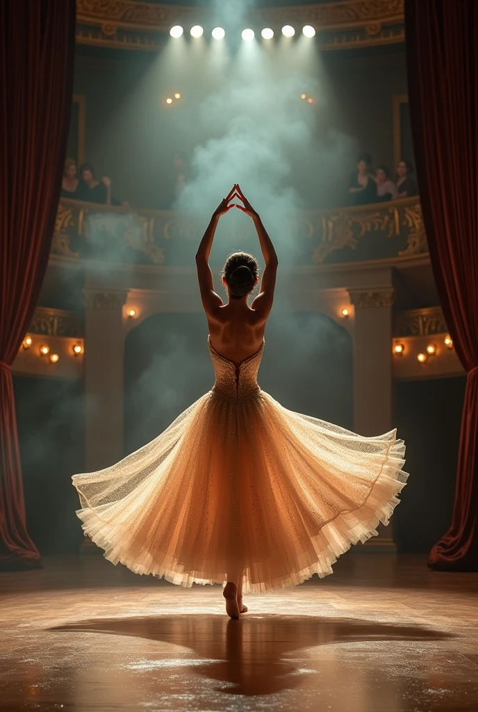 a dancer on a stage from the audience's perspective, from below