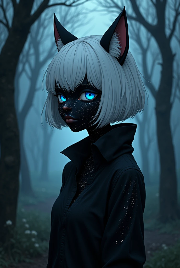 Make me a woman with black skin, with countless freckles all over her body, bright blue eyes, short white hair, With wolf ears. Her expression is innocent and she has a scar on the right corner of her mouth. She's introverted and traumatized. Do it in the style of the Berserk anime