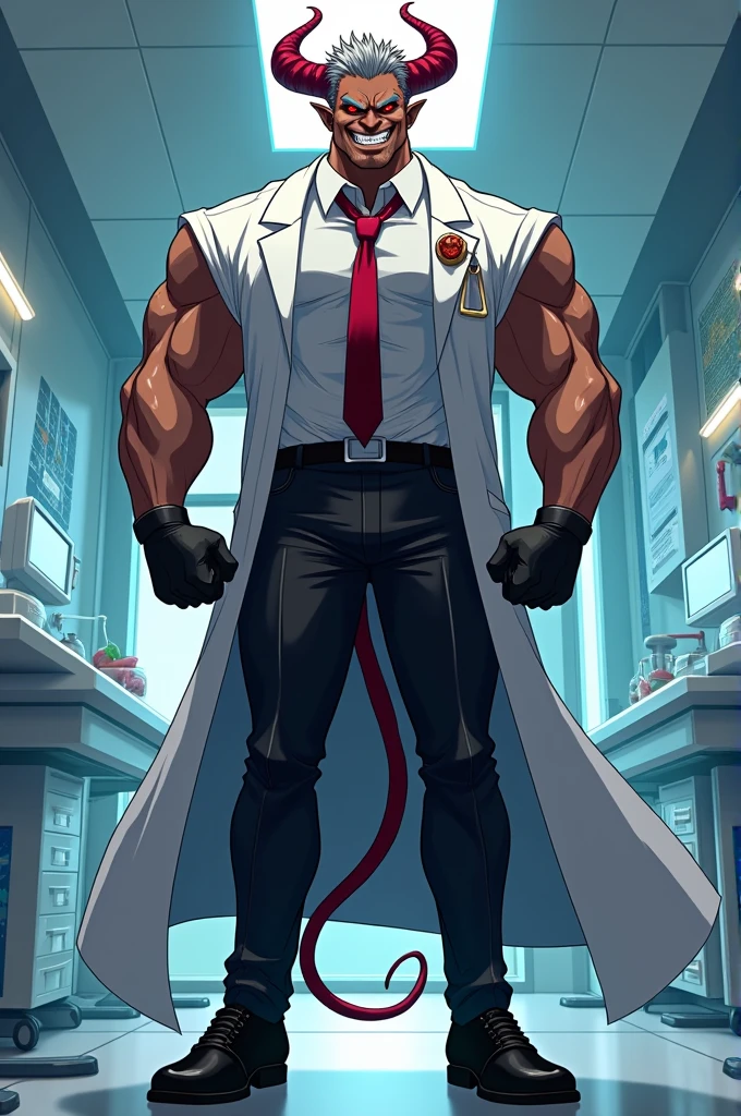 Create an anime Bara man version of height 2.20cm, muscled body, pubic fleece, oval gold earrings, brown skin, spiky gray hair, dominant red eyes, Fangs, large, deep red horns. Dress him in a long doctor's coat in vision color, a burgundy tie, He doesn't wear a shirt and only shows his muscular chest, black pants and black shoes, black gloves, demon tail.