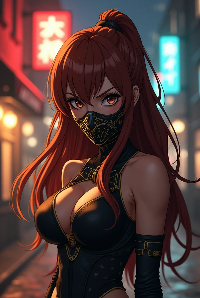 Show me a character with anime aesthetics with a face mask similar to that of the scorpion from Mortal Kombat and that has brown hair