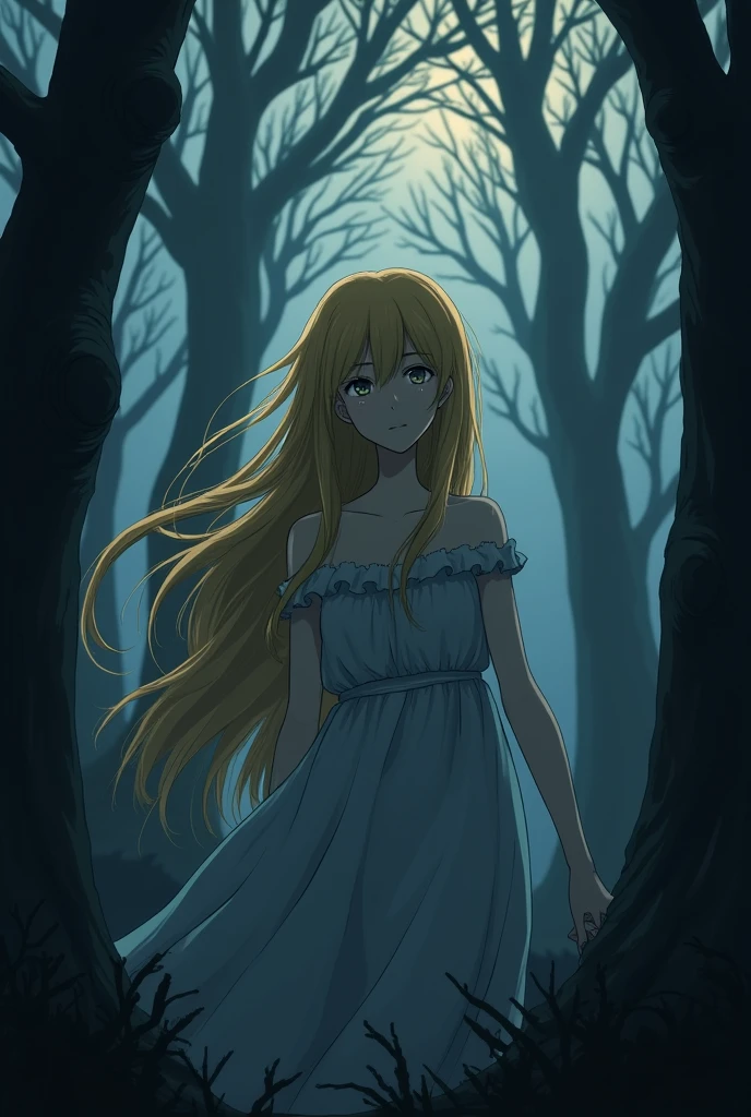 As she fades away, Celeste whispers a final message, her voice filled with sorrow and hope.. make her young  and anime art style and her hair color should be blond and the background should be just tree and not flowers and make the theme dark and tense make her simple and use anime art style and this time make her dying while crying and fading away 
.