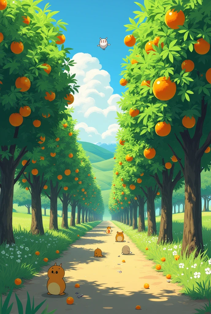 I want a drawing of a grove of orange trees in a studio ghibli style.