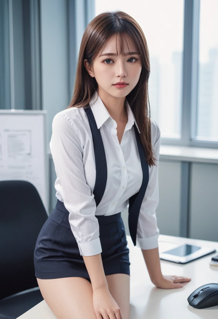 in an office room、Touching a female subordinate's body、Male boss、The woman is in a sexy suit.、Underwear is visible