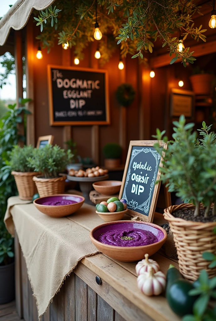 Generate a design for a booth at an eggplant dip sale with the following characteristics:
**1. Mediterranean Theme:**
- **vegetation:** In every corner of the booth there are small pots with olive trees, that add a natural and authentic touch to the atmosphere.
- **ceramic bowls:** The products are arranged in handcrafted ceramic bowls, that have a rustic and elegant look.
**2. Color palette:**
- **Tones:** The booth decoration uses a color palette in shades of purple, olive green and beige. Purple represents eggplant, olive green is reminiscent of olive oil, and beige brings a sense of warmth and neutrality.
**3. Signs and Typography:**
- **Blackboards:** The booth has several blackboards with wooden frames, on which the product name has been written in white chalk: “The Dogmatic Eggplant Dip”, and phrases like “Superior Quality”. The typography used is vintage, which gives it a traditional and artisanal touch.
**4. Ingredient Display:**
- **Rustic Baskets:** There are wicker baskets full of fresh ingredients like eggplants, garlic heads and olive oil bottles. These baskets are strategically placed to capture the attention of visitors and highlight the freshness of the product.
**5. Natural Fabrics and Textures:**
- **Tablecloths:** The tables of the booth are covered with linen tablecloths in beige tones and jute sacks that add texture and a rustic touch.
- **pennants:** Small flags made with burlap and cotton fabrics hang over the booth, that give it a festive and welcoming feel.
**6. lightning:**
- **warm lights:** The booth is decorated with garlands of warm lights that hang over the main table. This not only illuminates the space, but it creates a cozy atmosphere, ideal for attracting visitors.
**7. Product Presentation:**
- **Ceramic Dishes:** The eggplant dip samples are served in small dishes