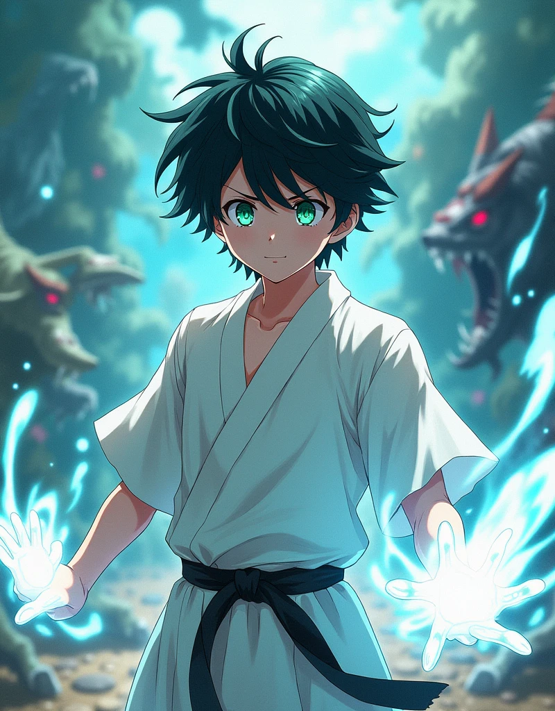 1 boy, ager, short messy black hair, bright green eyes, stylish Japanese school outfit in white, looking at the camera, Kimetsu no Yaiba anime style art, using white magic in battle, realistic movement, epic battle background