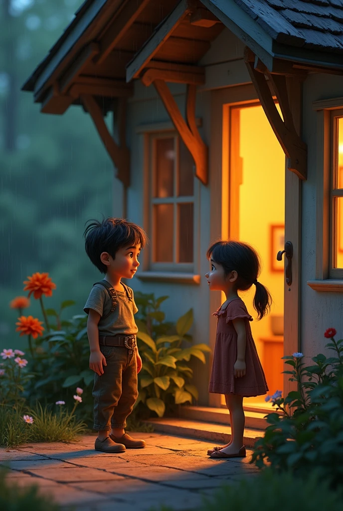 A sad poor boy talking to a  at the door of her home, pixar style, cinematic, masterpiece, high-aesthetic, realistic 