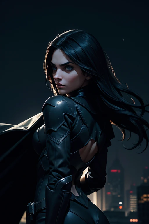 1 girl, a dark knight, skinny female superhero, super sexy woman, batman, gotham city, gothic city, dark cityscape, night sky, full moon, moonlight, cinematic lighting, dramatic shadows, chiaroscuro, highly detailed, photorealistic, intricate details, hyper-realistic, cinematic, moody, atmospheric, brooding, striking pose, intense gaze, rugged features, strong jawline, beautiful face, cintura perfeca, dark costume, bat symbol, cape flowing, dynamic action, heroic, powerful, intimidating, shrouded in darkness, striking silhouette