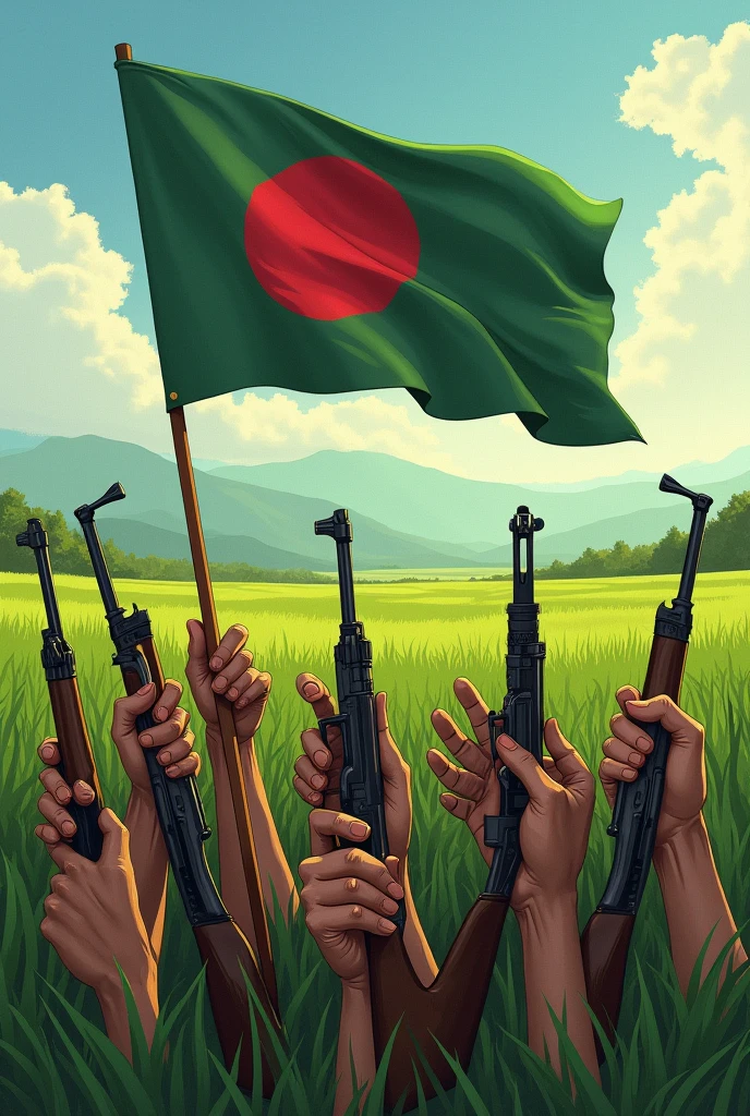 Green fields blood with hands of fighters carrying rifles and sticks with flag of Bangladesh waving freely in realistic design.