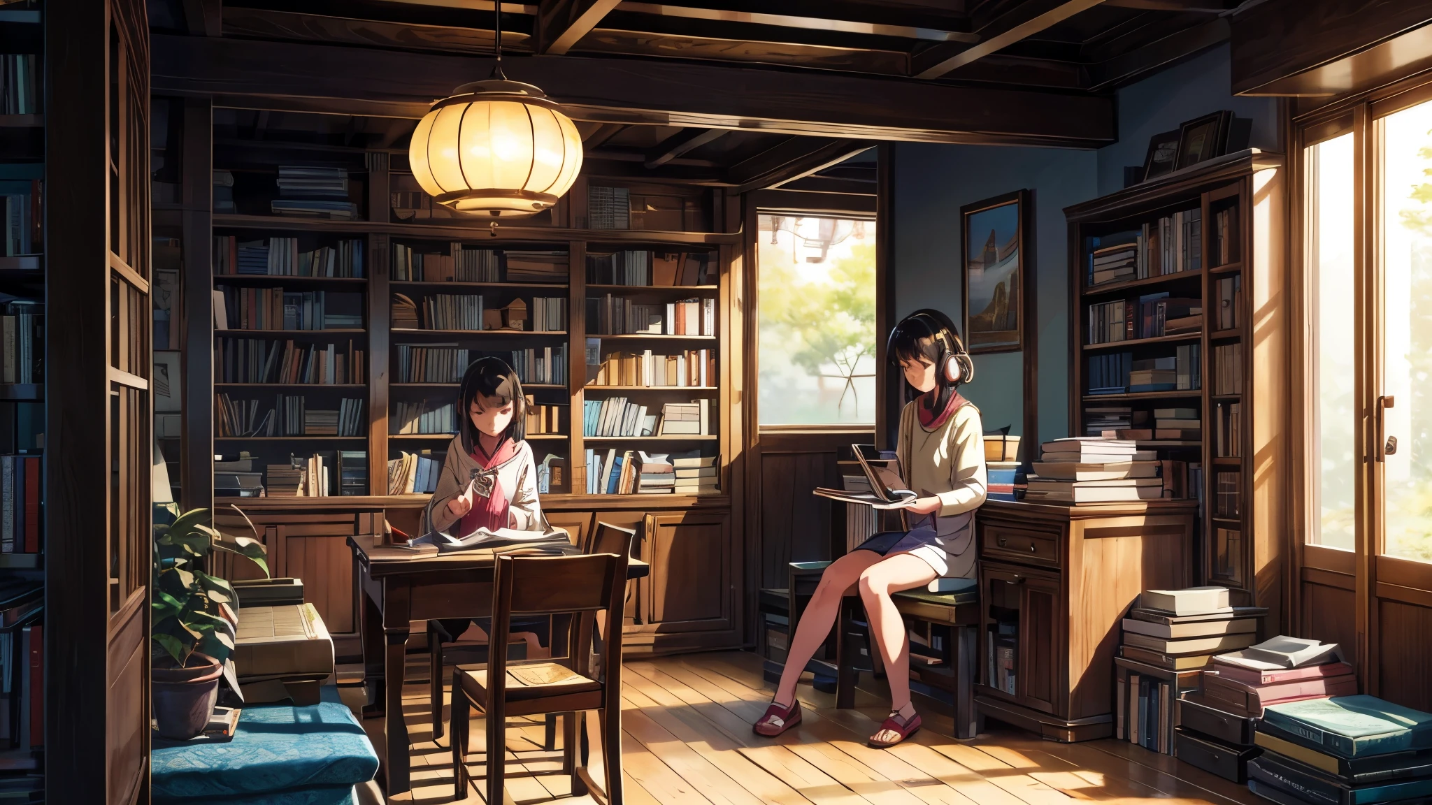 Describe an old library with tall shelves filled with books, lit by pendant lamps. A young asian girl sits at a wooden table, lost in a book while listening to lofi music on her bright headphones. The environment is silent, with the distant sound of pages turning, providing a perfect space for introspection and calm In an old library illuminated by pendant lamps, tall shelves are lined with books. A young Asian girl sits at a wooden table, absorbed in a book and listening to lofi music through her bright headphones. The quiet atmosphere is punctuated only by the distant sound of pages turning, creating an ideal setting for introspection and tranquility.