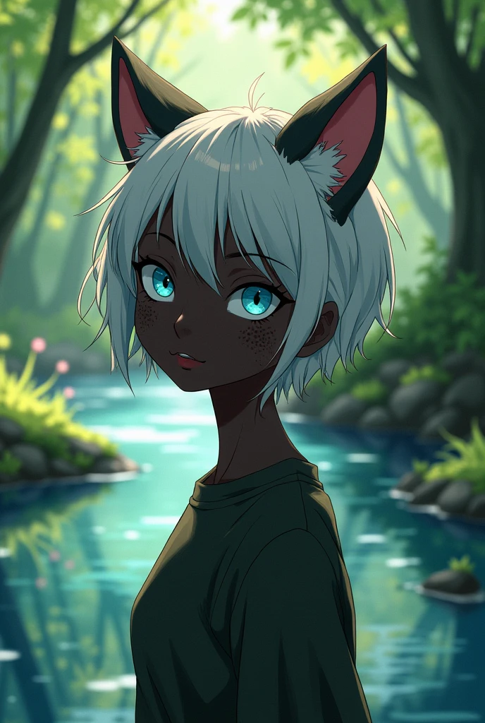 Make me a woman with black skin, with countless freckles all over her body, bright blue eyes, short white hair, With wolf ears. Her expression is innocent and she has a scar on the right corner of her mouth. She's introverted and traumatized. Make it in the style of Studio Ghibli