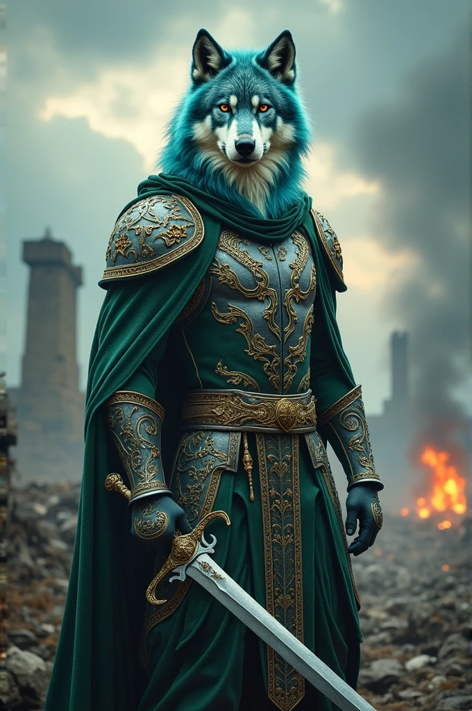 A wolf with green, blue, and white fur in a decorative uniform with a weapon on his side and war torn background 