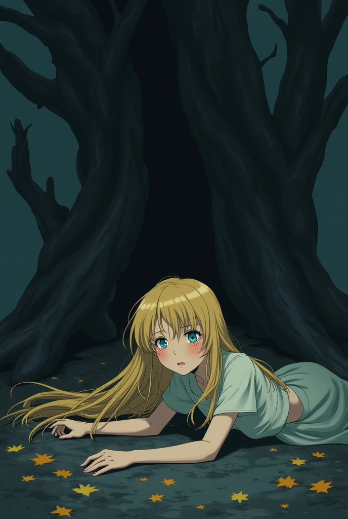 As she fades away, Celeste whispers a final message, her voice filled with sorrow and hope.. make her young  and anime art style and her hair color should be blond and the background should be just tree and not flowers and make the theme dark and tense make her simple and use anime art style and this time make her dying while crying and fading away and laying on the ground 

.