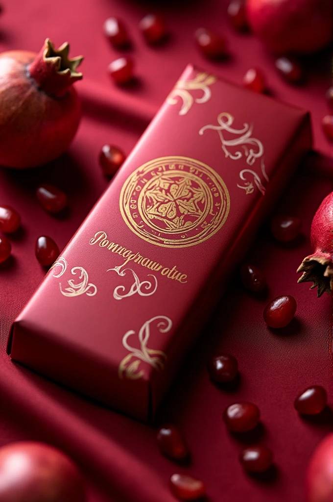 Packaging for a chocolate called pomegranate, red, white, and gold accents 
