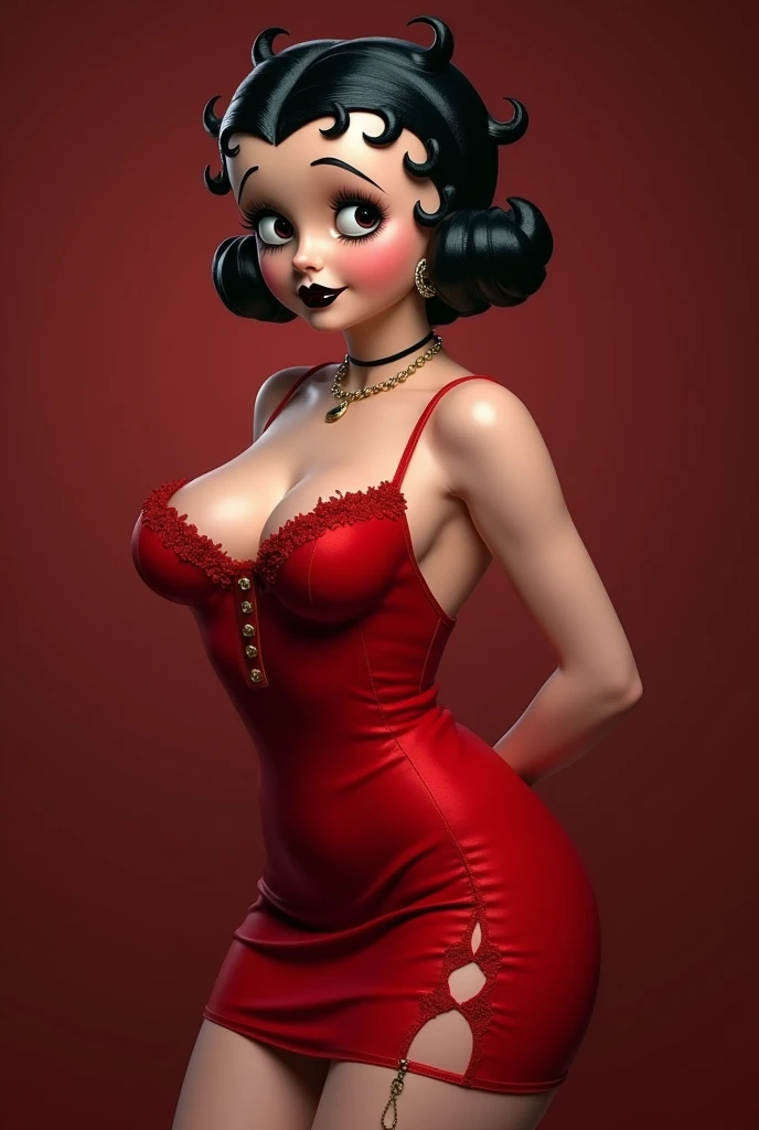 (8K HDR photorealistic pic), Betty Boop, short, althetic, curvy lady, ((tight little red dress)), dark eyebrows, black lipstick, (hoop earrings), dark eyeshadow, black lipstick, curvy, busty, (curly short black hair), shortstack, (retroussé breasts), darling figure, (supple pouting breasts), firm thighs, hourglass figure, kerchief, big brown eyes, dancing seductively