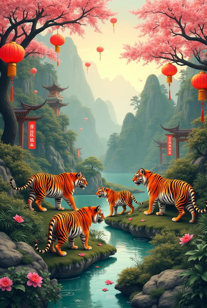 A drawing of a land of tigers, with Chinese decorations