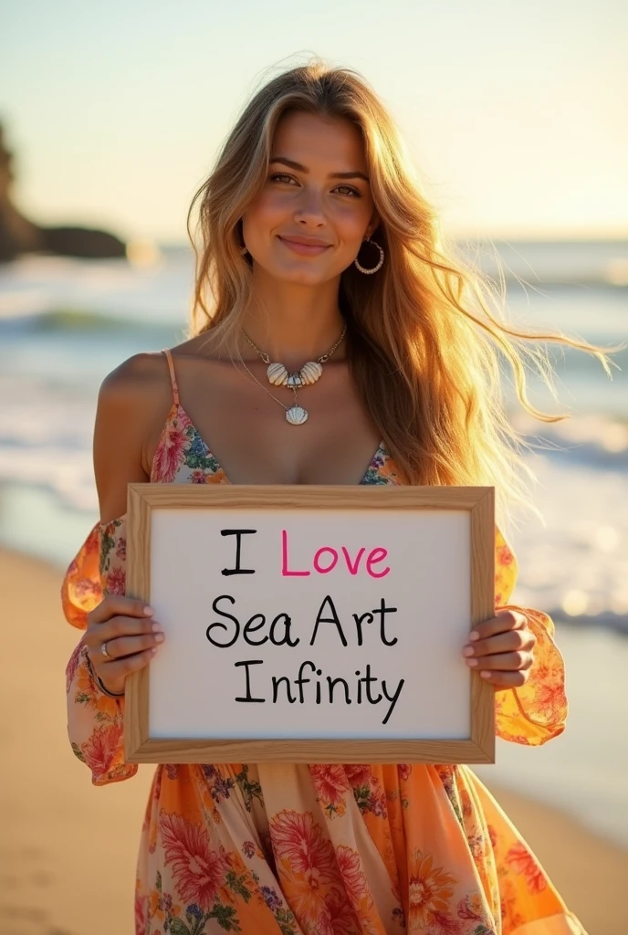 Beautiful girl with wavy long hair, bohemian dress, holding a white board with text "I Love Seaart Infinity" and showing it to the viewer