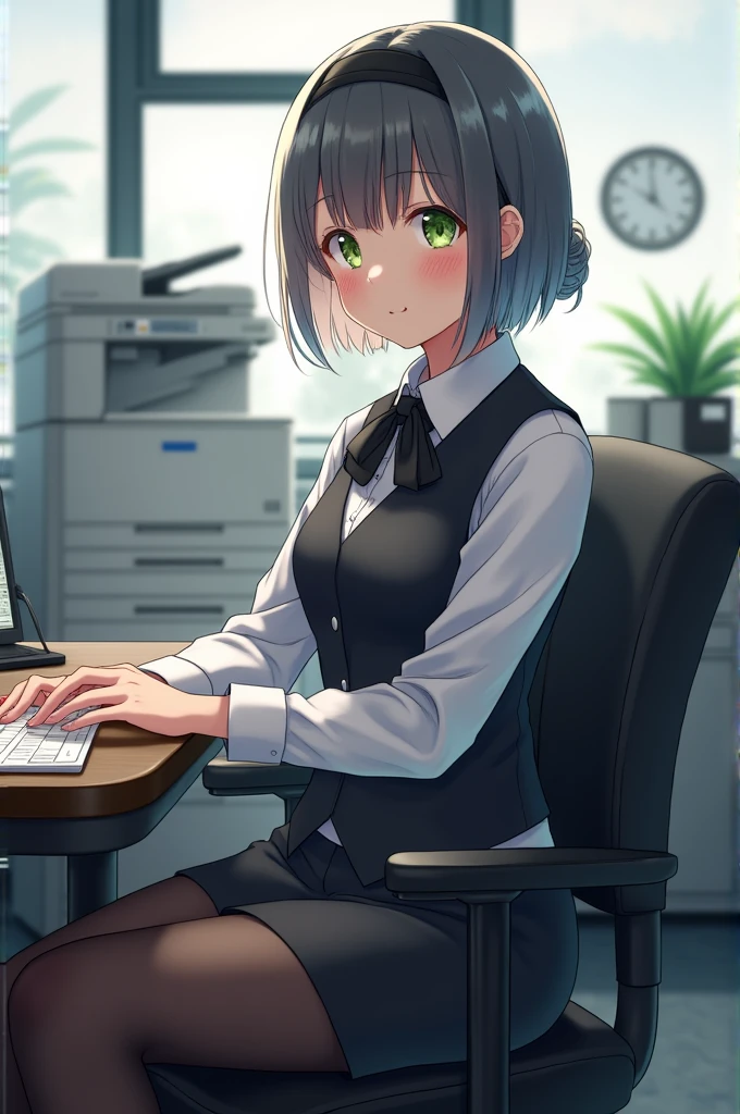 (raw, best quality, masterpiece:1.5), (Photorealistic, intricate details:1.2), ultra high definition, Ridiculous, 1 girl, pretty face, blue eyes, green eyes, Detailed eyes, symmetrical eyes, There is light on the face, nose blushing, short hair, bun, black headband, clock, Vest, suit, pencil miniskirt, White shirt, silk scarf, black pantyhose, [:20 days, :0.8], Smile, Small dimples, Sexual innuendo, medium breasts, slim waist, thin legs, long legs, sitting in chair in front of desk, Perfect body, good proportions, looking at the audience, (office, indoor, hyper Detailed background:1.2), Japan, copier, File cabinets, , monitor, shiny skin, Realistic skin texture, natural lighting, best lighting, Detailed background, Detailed shadows, sharp focus, Depth of field f/2, Saturated, high contrast, strong light and shadow