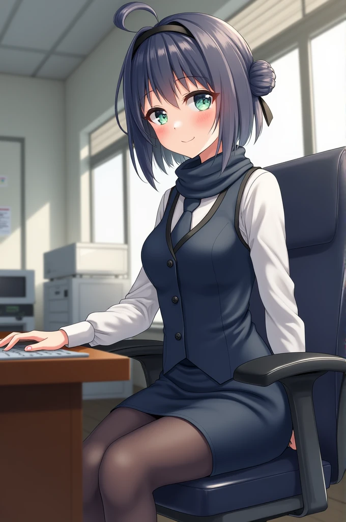 (raw, best quality, masterpiece:1.5), (Photorealistic, intricate details:1.2), ultra high definition, Ridiculous, 1 girl, pretty face, blue eyes, green eyes, Detailed eyes, symmetrical eyes, There is light on the face, nose blushing, short hair, bun, black headband, clock, Vest, suit, pencil miniskirt, White shirt, silk scarf, black pantyhose, [:20 days, :0.8], Smile, Small dimples, Sexual innuendo, medium breasts, slim waist, thin legs, long legs, sitting in chair in front of desk, Perfect body, good proportions, looking at the audience, (office, indoor, hyper Detailed background:1.2), Japan, copier, File cabinets, , monitor, shiny skin, Realistic skin texture, natural lighting, best lighting, Detailed background, Detailed shadows, sharp focus, Depth of field f/2, Saturated, high contrast, strong light and shadow